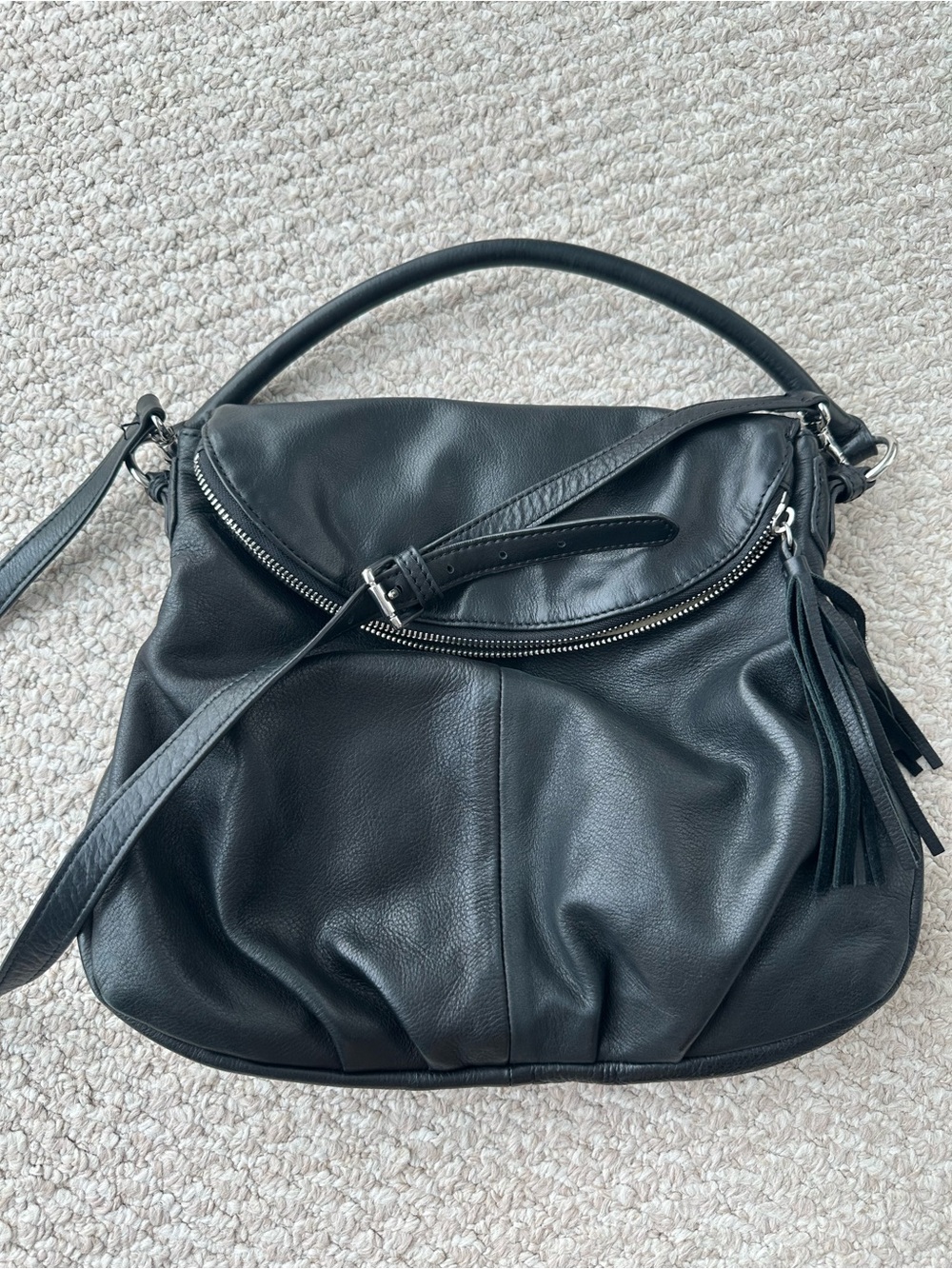 Margot - Black Leather Shoulder Bag with Tassel Accent
